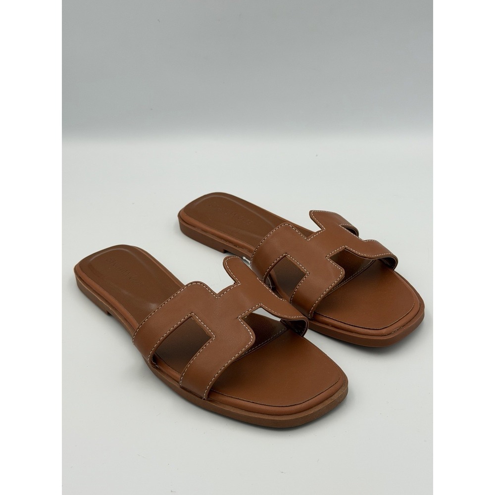 Stratuxx Kaze H Cut Slide Sandals Brown Faux Leather Flat Minimalist 8